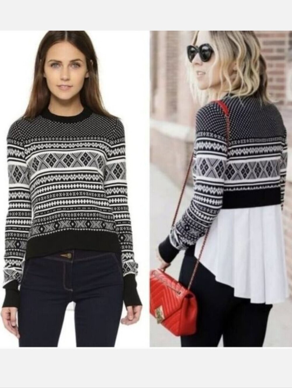 Veronica Beard Alps Mixed Media Sweater Black Women's Size S Nordic Fair Isle
